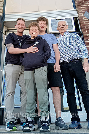 Dad, Jake, Boys outside shop